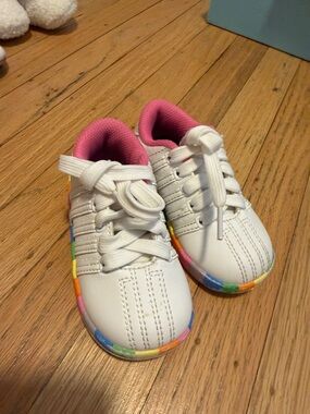 Skechers White Sneakers with Pink Lining and Rainbow Sole Trim